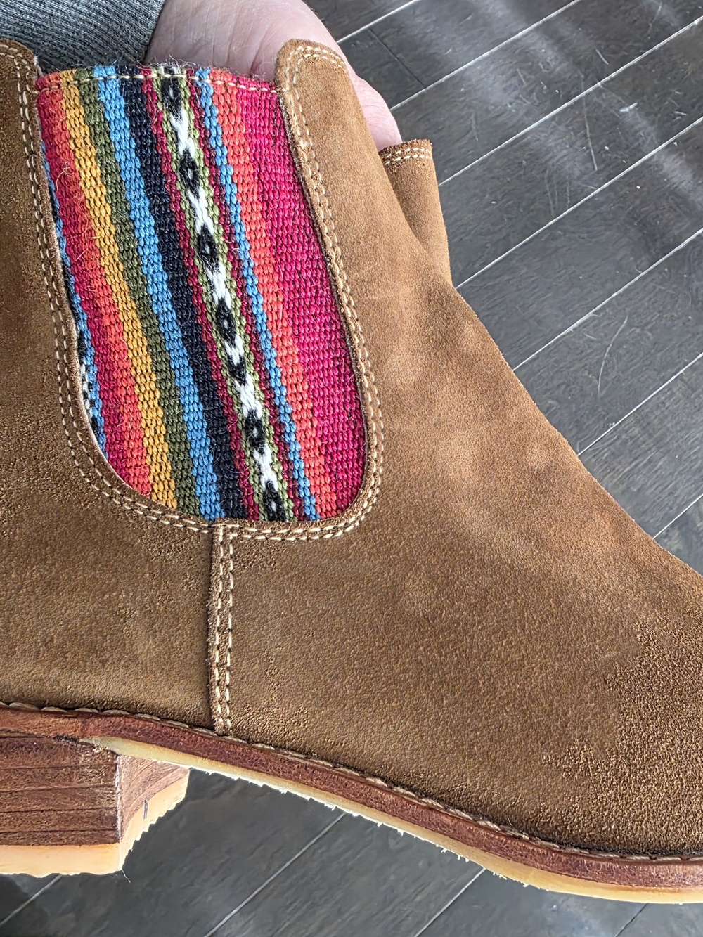 Brown Suede Hand Made Chelsea Boot with Multicolor Textile Panel From Peru